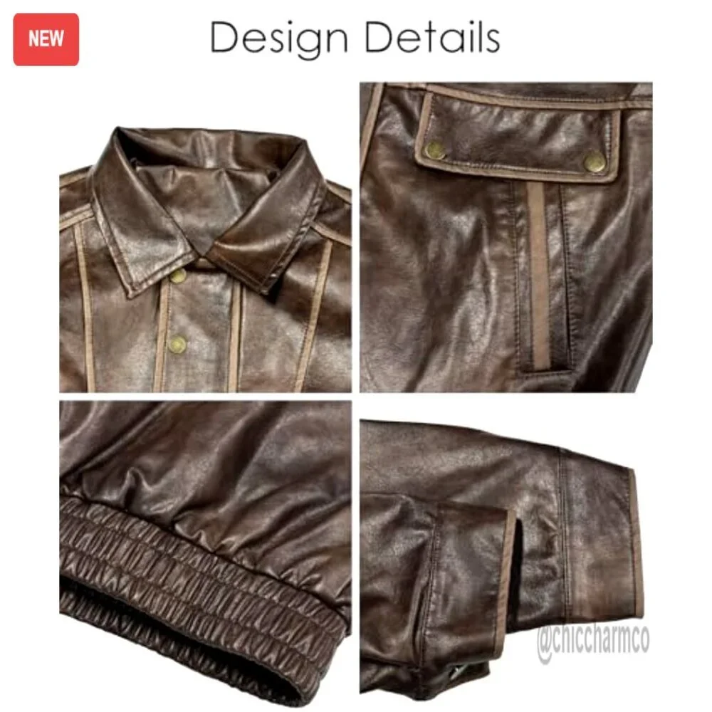 Oversized Faux Leather Motorcycle Jacket Vintage Y2K Style - Picture 4 of 4